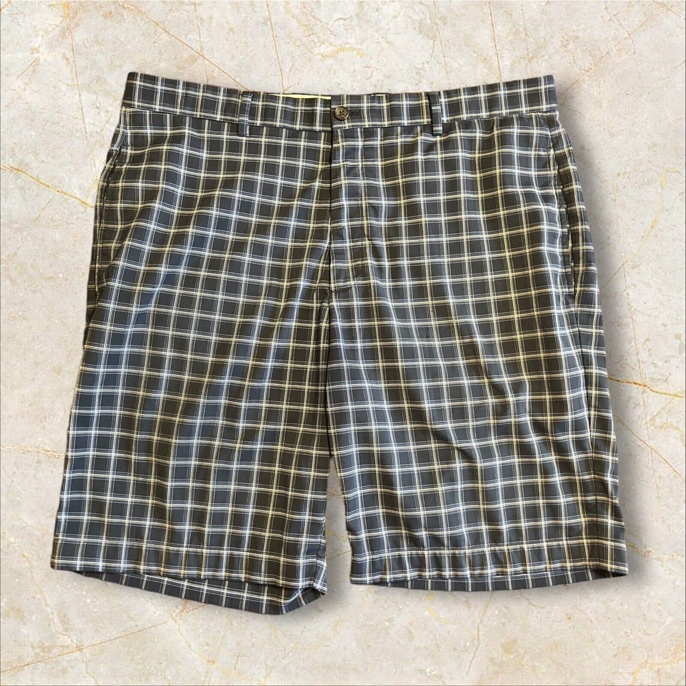 Greg Norman Men's Golf Shorts 36 Chino Gray Blue Plaid Stretch Poly Spandex EUC